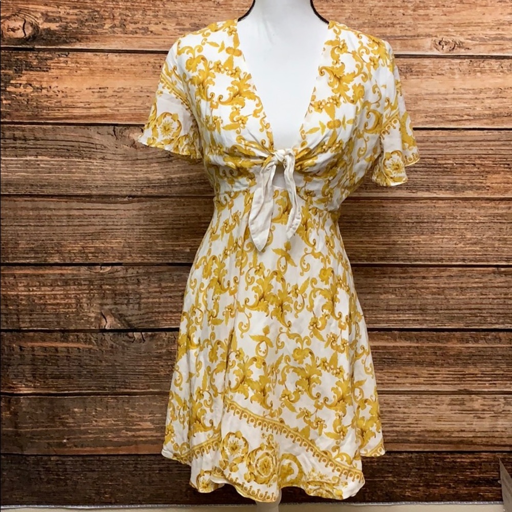 Lulus Callista Yellow White Print Tie Front Dress - Picture 2 of 8